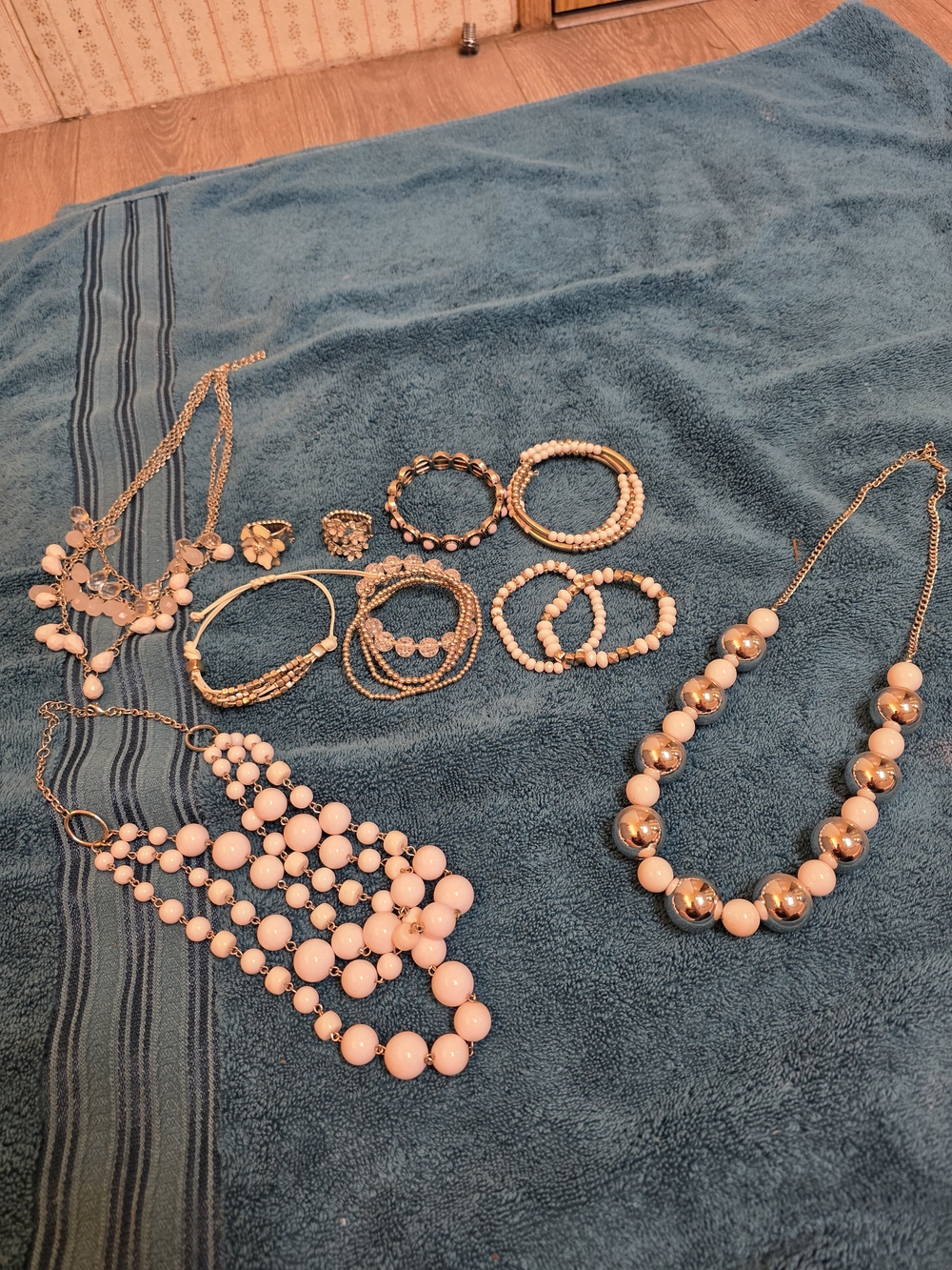 Silver and White Beaded Statement Necklace Set - Women Jewelry
